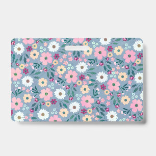 Pink flowers Botanical Blue Design Badge