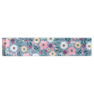 Pink flowers Botanical Blue Design Nameplate