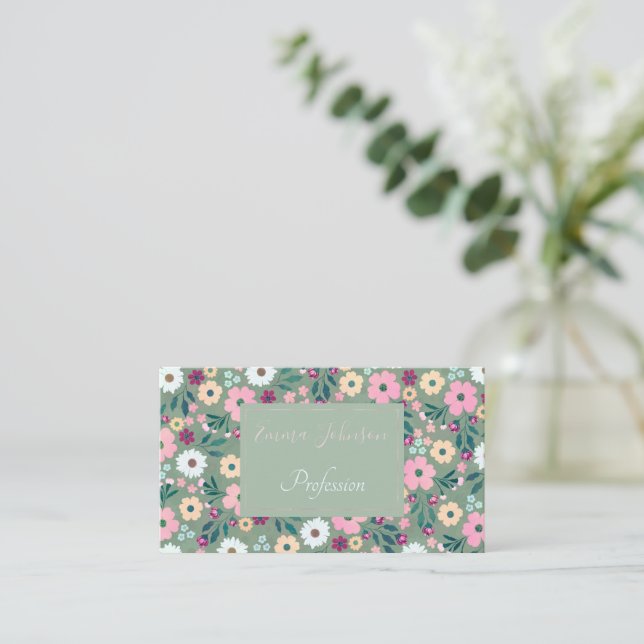Pink flowers Botanical Green Design Business Card (Standing Front)