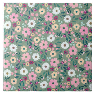 Pink flowers Botanical Green Design Tile