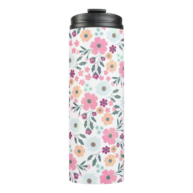 Pink flowers Botanical White Design Thermal Tumbler (Front)