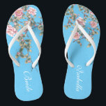 Pink Flowers Bright Blue Wedding Bride Flip Flops<br><div class="desc">The flops features pink flowers illustration on bright blue background, and a classic wedding words typography. This beautiful pair of elegant flip flops would be a beautiful something blue for a spring or summer wedding. ♥Customize it with your text by using the template fields. ♥ If you want to change...</div>
