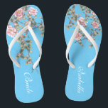 Pink Flowers Bright Blue Wedding Bride Flip Flops<br><div class="desc">The flops features pink flowers illustration on bright blue background, and a classic wedding words typography. This beautiful pair of elegant flip flops would be a beautiful something blue for a spring or summer wedding. ♥Customize it with your text by using the template fields. ♥ If you want to change...</div>