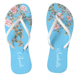 Pink Flowers Bright Blue Wedding Bride Flip Flops