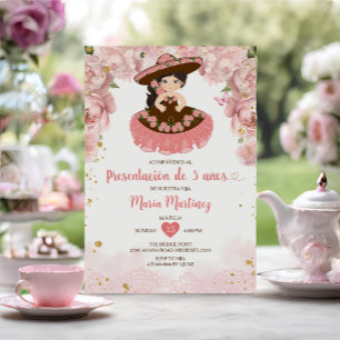 Pink Flowers Brown Girl Presentación De Tres Años Invitation