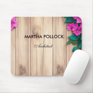 Pink flowers brown wood  mouse pad