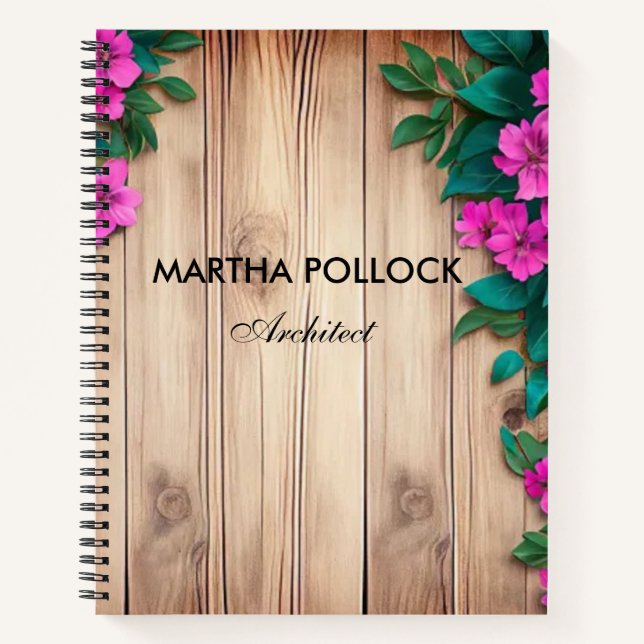 Pink flowers brown wood  notebook (Front)