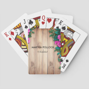 Pink flowers brown wood  playing cards