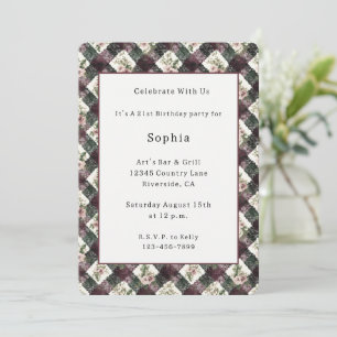 Pink Flowers & Burgundy Black Faux Lace Birthday Invitation