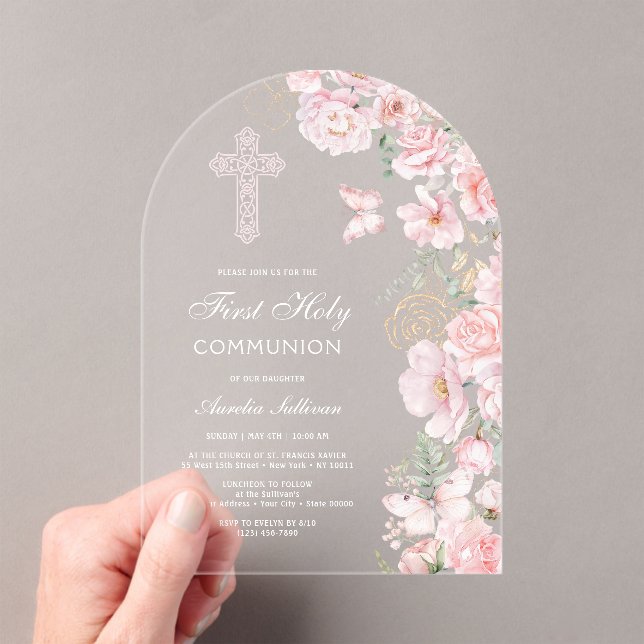 Pink Flowers Butterflies Arch First Communion Acrylic Invitations (Insitu (Handheld))