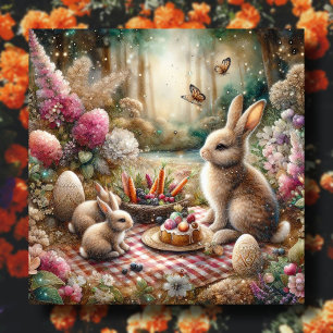 Pink Flowers Butterflies Bunny Easter Picnic Holiday Card