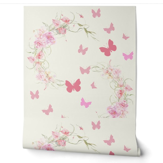 Pink Flowers, Butterflies, Pale Pink Background Wallpaper (Unrolling)