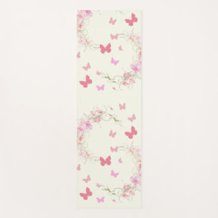 Pink Flowers, Butterflies, Pale Pink Background Yoga Mat