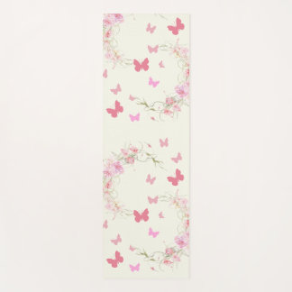 Pink Flowers, Butterflies, Pale Pink Background Yoga Mat
