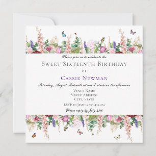 Pink Flowers & Butterflies Square 16th Birthday Invitation