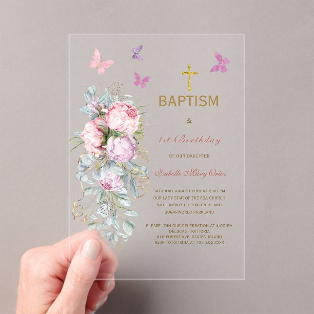 Pink Flowers Butterfly Baptism  Acrylic Invitations (Insitu (Handheld))