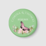 Pink Flowers & Butterfly on Green Wedding Magnet<br><div class="desc">Elegant design features watercolor pink rose spray bouquet with added pink butterfly on green background.  Add couple's name and date or other special message</div>