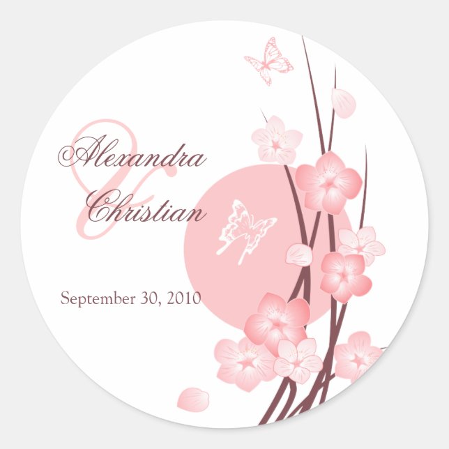 Pink Flowers Butterfly Wedding Announcement Classic Round Sticker (Front)