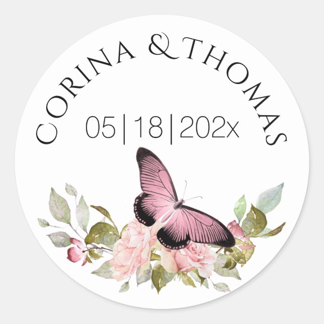 Pink Flowers & Butterfly Wedding Classic Round Sticker (Front)