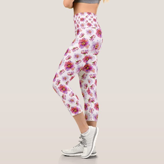 Pink Flowers Capri Leggings (Left)