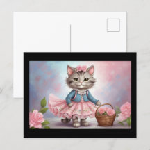 Pink Flowers Cat in Dress with Flower Basket