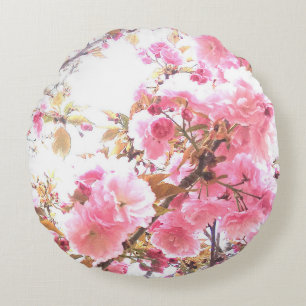 Pink Flowers Cherry Blossom Floral Patterns Sakura Round Pillow