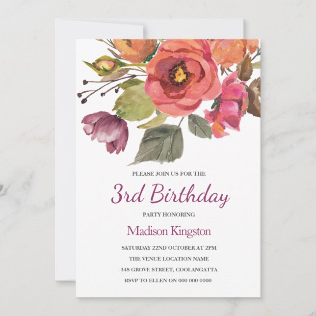 Pink Flowers Childrens Kids Birthday Party Invite (Front)