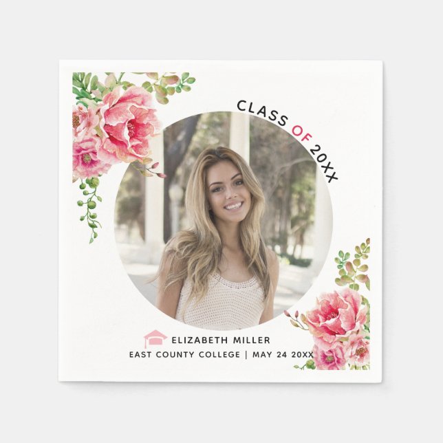 Pink flowers Class of 2024 graduation photo Napkin (Front)