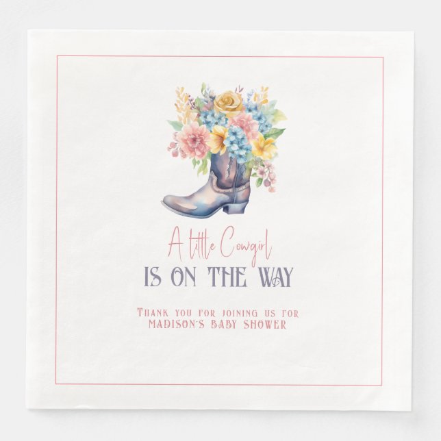 Pink Flowers Cowgirl Boots Personalized Bay Shower Napkin (Front)