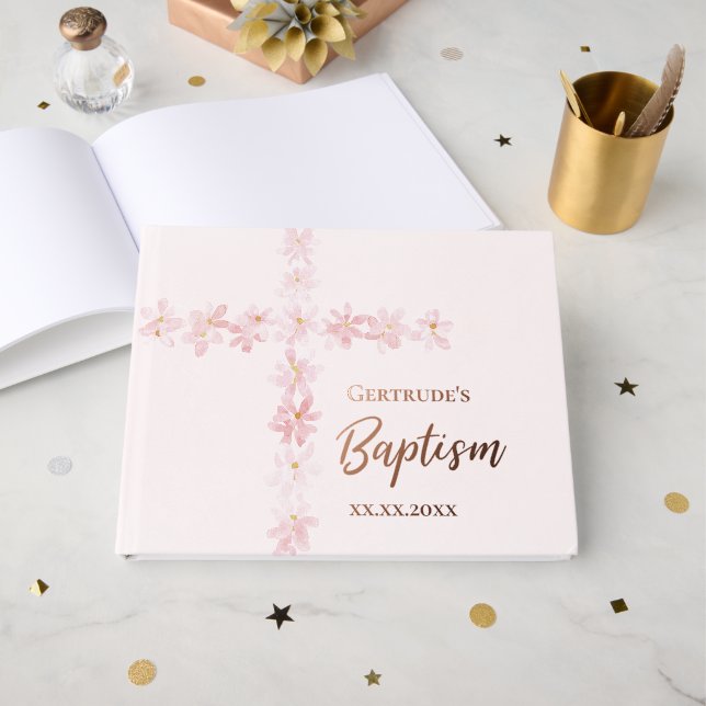 pink flowers Cross Baptism Guest Book (Front Open)