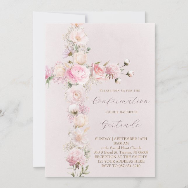 pink flowers cross  Confirmation Invitation (Front)