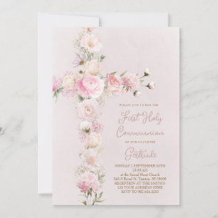 pink flowers cross First Holy Communion Invitation