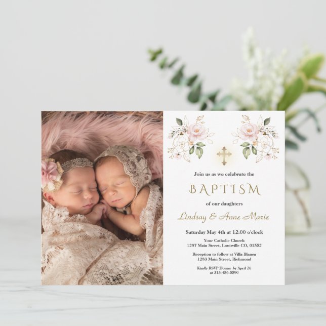 Pink Flowers Cross Girls Twins Photo Baptism  Invitation (Standing Front)