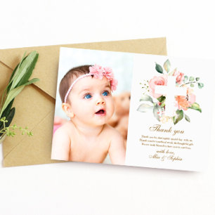 Pink flowers Cross & Photo Baptism Thank You Card