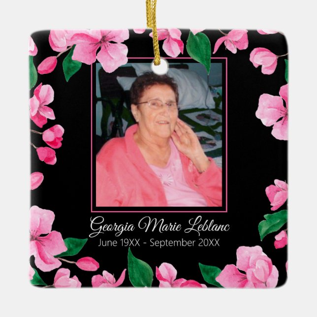 Pink Flowers Custom Memorial Keepsake Ceramic Ornament (Front)