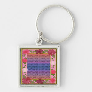 Pink Flowers Custom Square Silver Key Chain