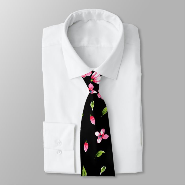 Pink flowers Customizable black colour background Tie (Tied)