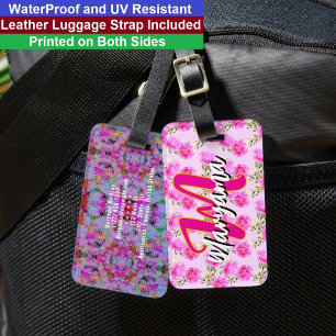 Pink Flowers (Cute Name & Initial) Girly Monogram Luggage Tag