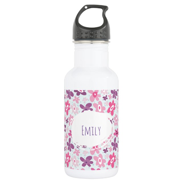 Pink Flowers Cute Whimsical Pattern Personalized 532 Ml Water Bottle (Front)