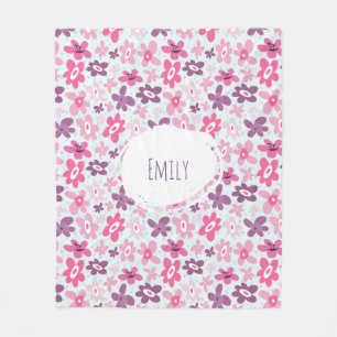 Pink Flowers Cute Whimsical Pattern Personalized Fleece Blanket