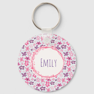 Pink Flowers Cute Whimsical Pattern Personalized Keychain