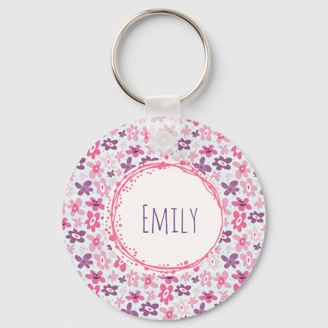 Pink Flowers Cute Whimsical Pattern Personalized Keychain (Front)