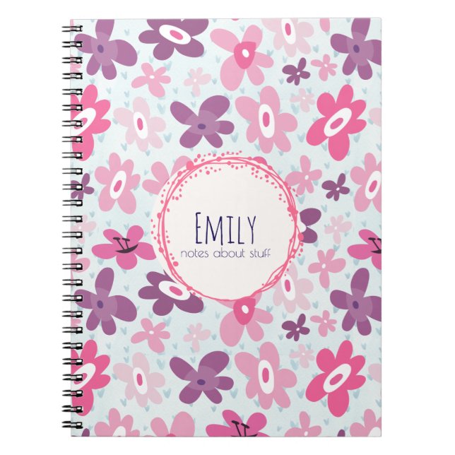 Pink Flowers Cute Whimsical Pattern Personalized Notebook (Front)