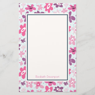 Pink Flowers Cute Whimsical Pattern Personalized Stationery