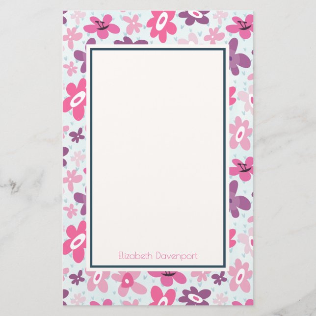 Pink Flowers Cute Whimsical Pattern Personalized Stationery (Front)