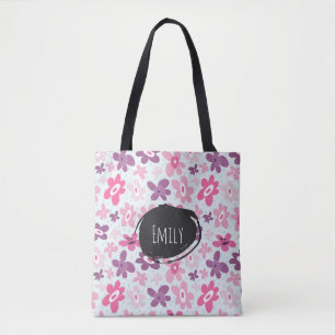 Pink Flowers Cute Whimsical Pattern Personalized Tote Bag