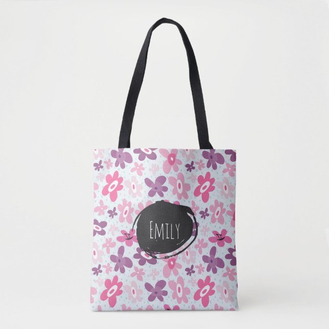 Pink Flowers Cute Whimsical Pattern Personalized Tote Bag (Front)