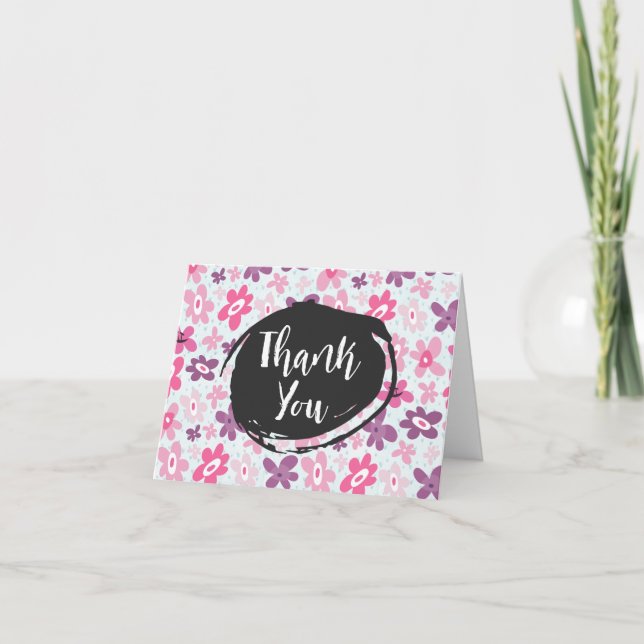 Pink Flowers Cute Whimsical Pattern Thank You Card (Front)