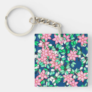 Pink flowers, dark blue background keychain