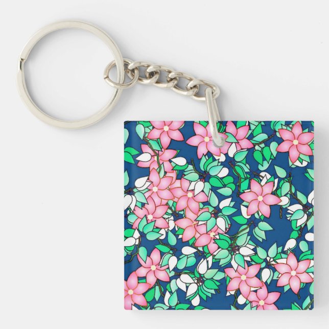 Pink flowers, dark blue background keychain (Front)